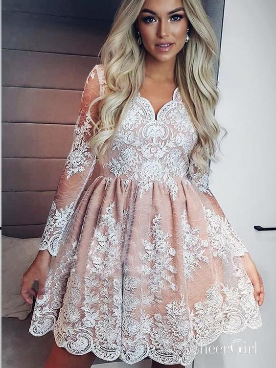 See Through Long Sleeve Lace Homecoming Dresses Vintage Short Prom