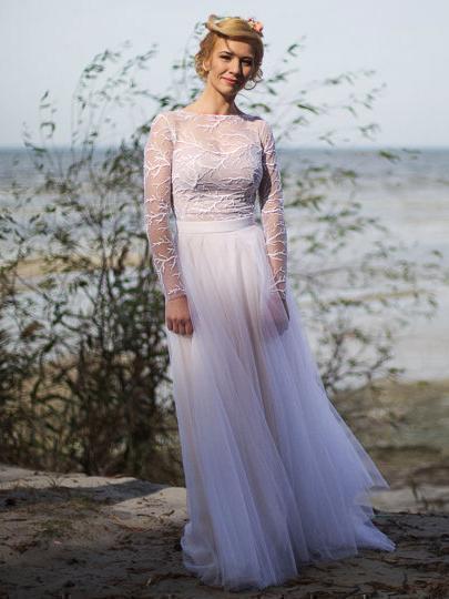 See Through Long Sleeve White Beach Wedding Dresses with Slit AWD1210 See Through Long Sleeve White Beach Wedding Dresses with Slit AWD1210