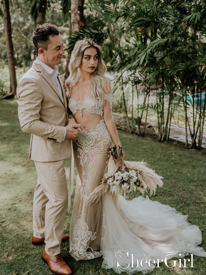 See Through Mermaid Wedding Gown Ivory Lace Fringe Long Sleeves Wedding Dress AWD1645 See Through Mermaid Wedding Gown Ivory Lace Fringe Long Sleeves Wedding Dress AWD1645