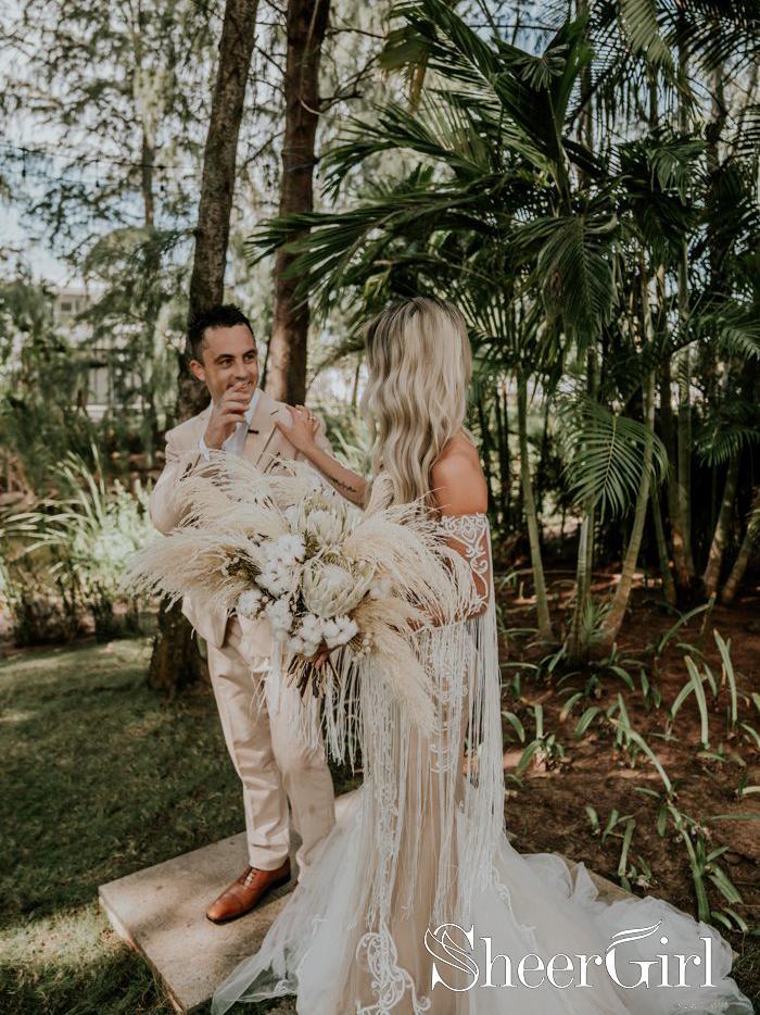 See Through Mermaid Wedding Gown Ivory Lace Fringe Long Sleeves Wedding Dress AWD1645-SheerGirl