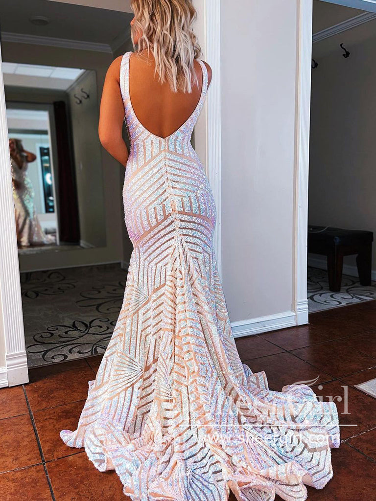 Sequins Lace Backless Mermaid Prom Dresses V Neck Formal Dress ARD2736-SheerGirl