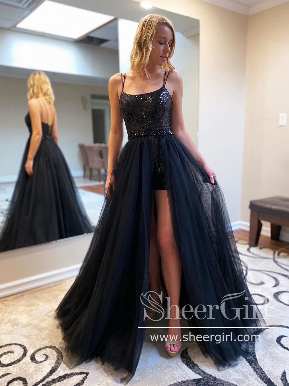 open lace back dress Sequins Short Dress with Detachable Tulle Long Skirt Prom Dress ARD2615