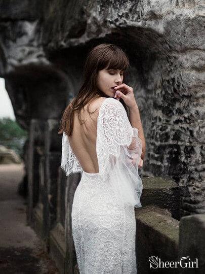 Sexy Backless Lace Wedding Dresses with Sleeves Bohemian Ivory Beach Wedding Dress AWD1211-SheerGirl