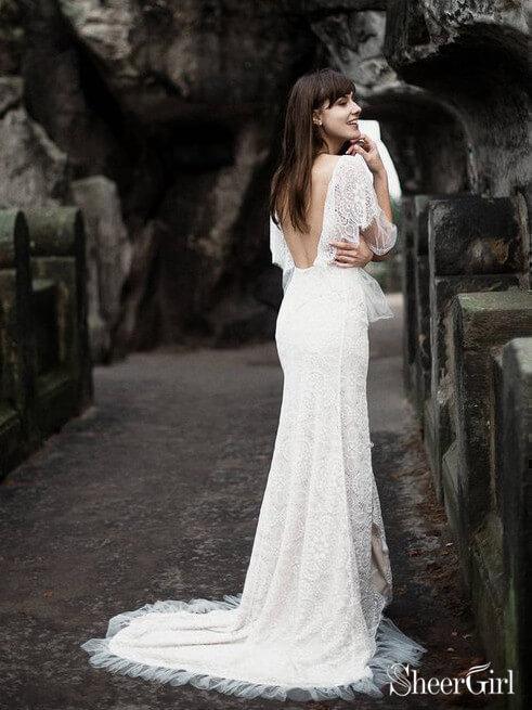 Sexy Backless Lace Wedding Dresses with Sleeves Bohemian Ivory Beach Wedding Dress AWD1211 Sexy Backless Lace Wedding Dresses with Sleeves Bohemian Ivory Beach Wedding Dress AWD1211