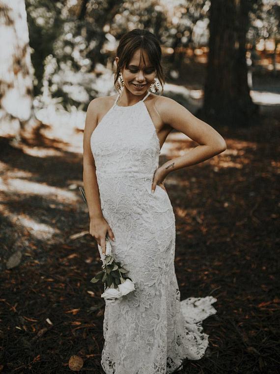 Sexy Backless Sheath Rustic Lace Wedding Dresses Halter Beach Wedding Dress  – SheerGirl
