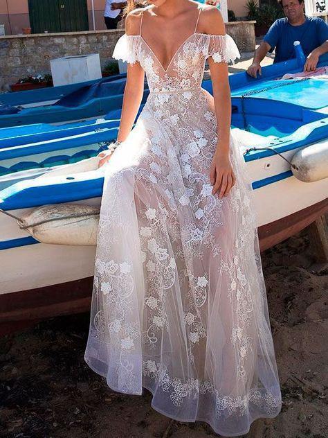 Sexy Backless Summer Lace Wedding Dresses See Through Beach