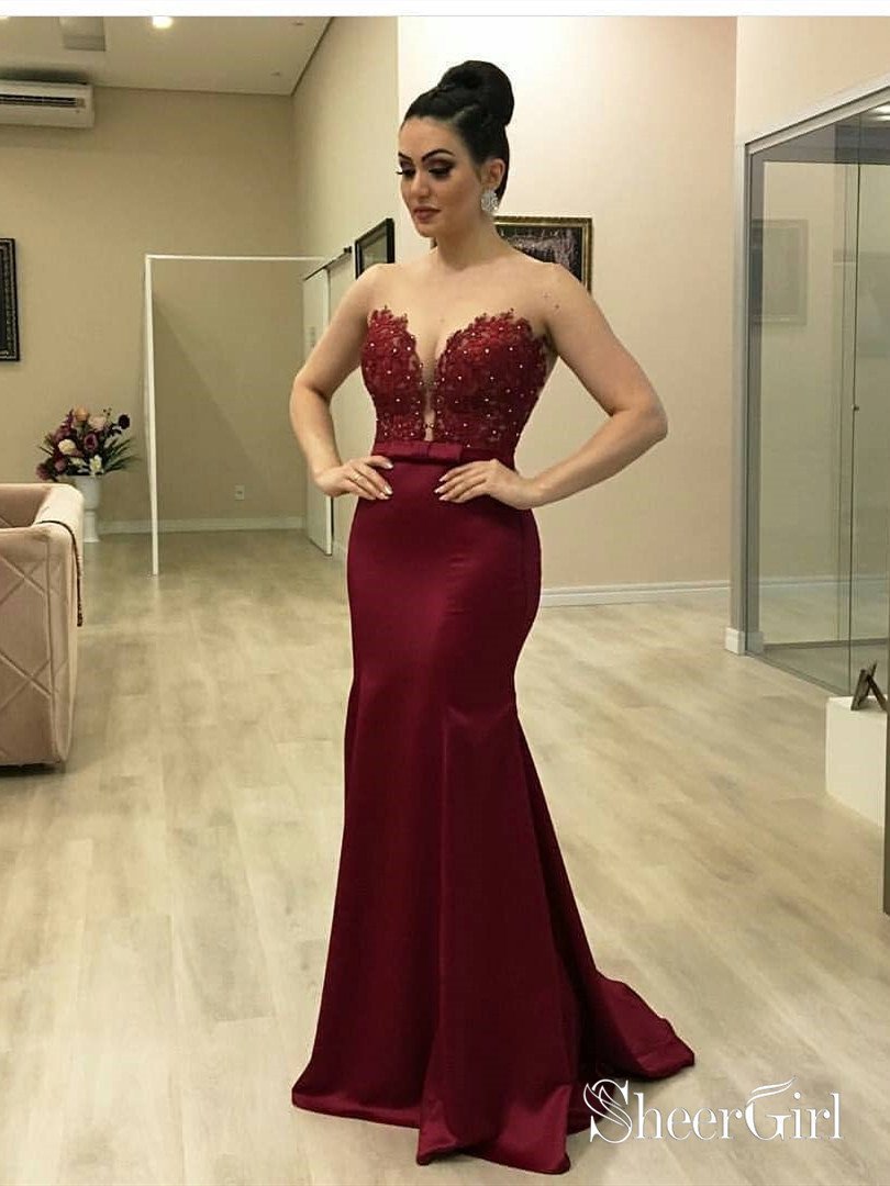 burgundy see through dress Sexy Mermaid Prom Dresses with Sheer Neck ARD1898 Color:grape