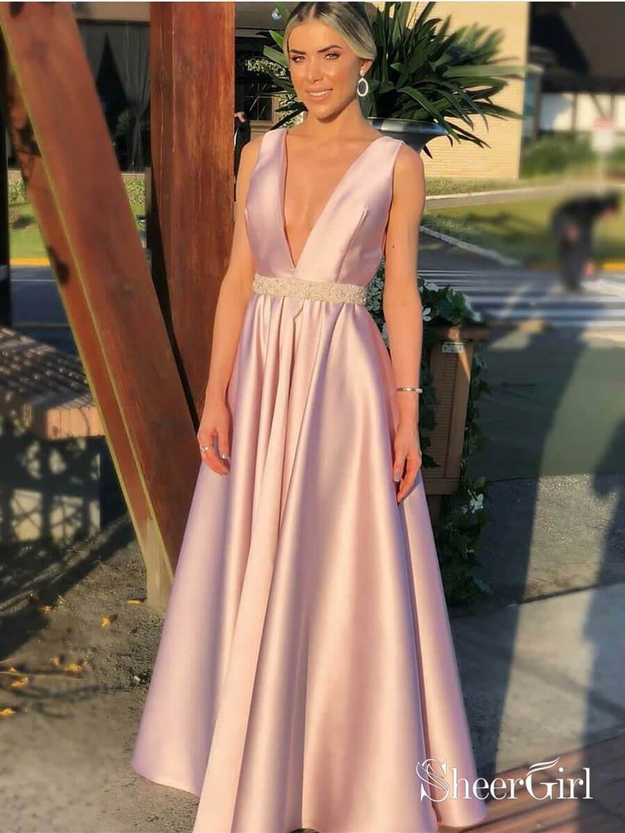 Sexy Deep V Neck Long Prom Dress Light Pink Cheap Prom Dress ARD1906   SheerGirl