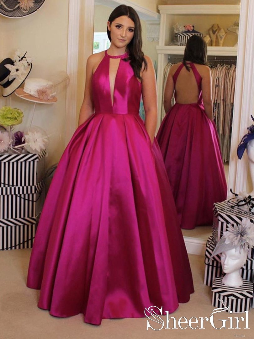 open lace back dress Sexy Plunging V Neckline Satin Ball Gown Evening Dress Hot Pink Backle –  SheerGirl