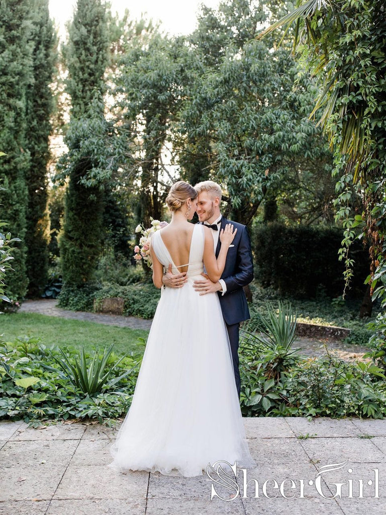 Sexy Plunging V Neckline Tulle Ball Gown Wedding Dress Simple Style Bridal Gown AWD1688-SheerGirl