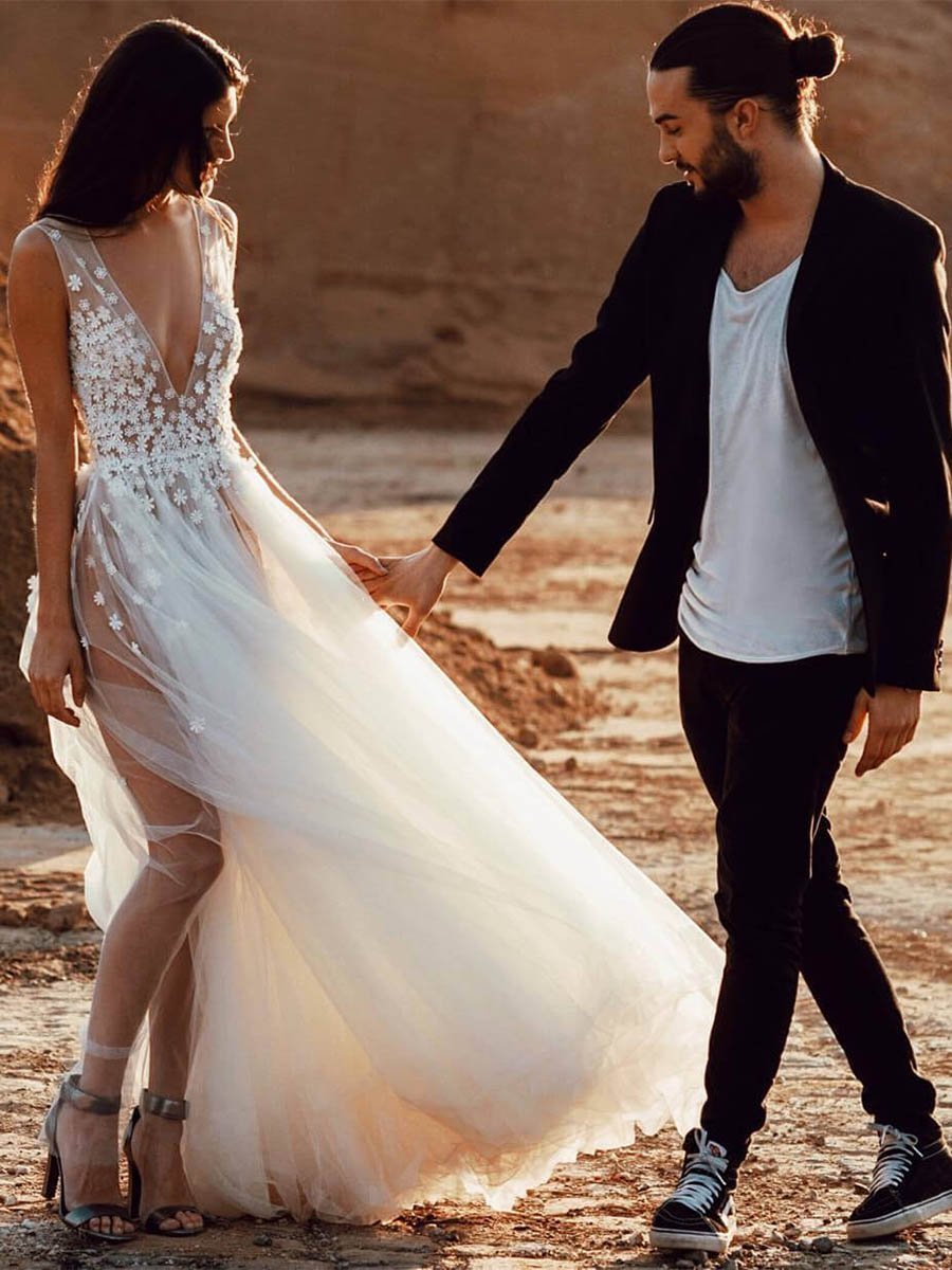 Sexy See Through Beach Wedding Dresses V Neck Bridal Dress with Slit AWD1326 Sexy See Through Beach Wedding Dresses V Neck Bridal Dress with Slit AWD1326