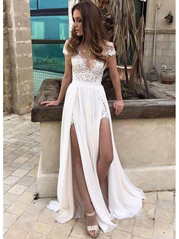 Sexy See Through Beach Wedding Dresses with Slit Ivory Lace Summer Wedding  Dresses – SheerGirl