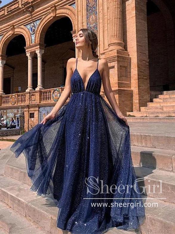 Sexy Sparkly Sheer Lace Prom Dresses Spaghetti Strap V Neck Formal Dress ARD1872 Sexy Sparkly Sheer Lace Prom Dresses Spaghetti Strap V Neck Formal Dress ARD1872