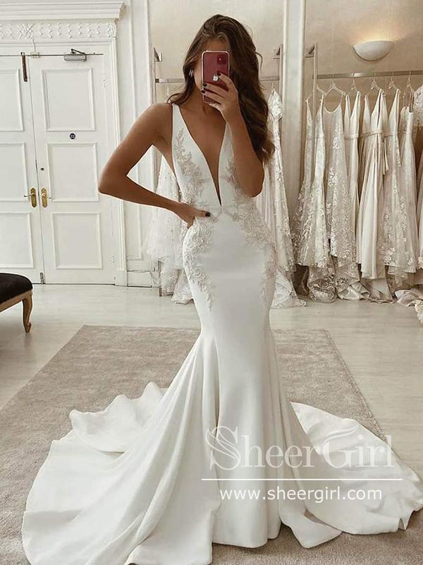 Sexy V Neck Crepe Mermaid Wedding Gown with Low V Back AWD1835 Sexy V Neck Crepe Mermaid Wedding Gown with Low V Back AWD1835