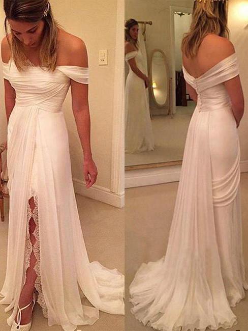 Sheath Ivory Chiffon Off the Shoulder Beach Wedding Dresses with Slit  ,apd2407
