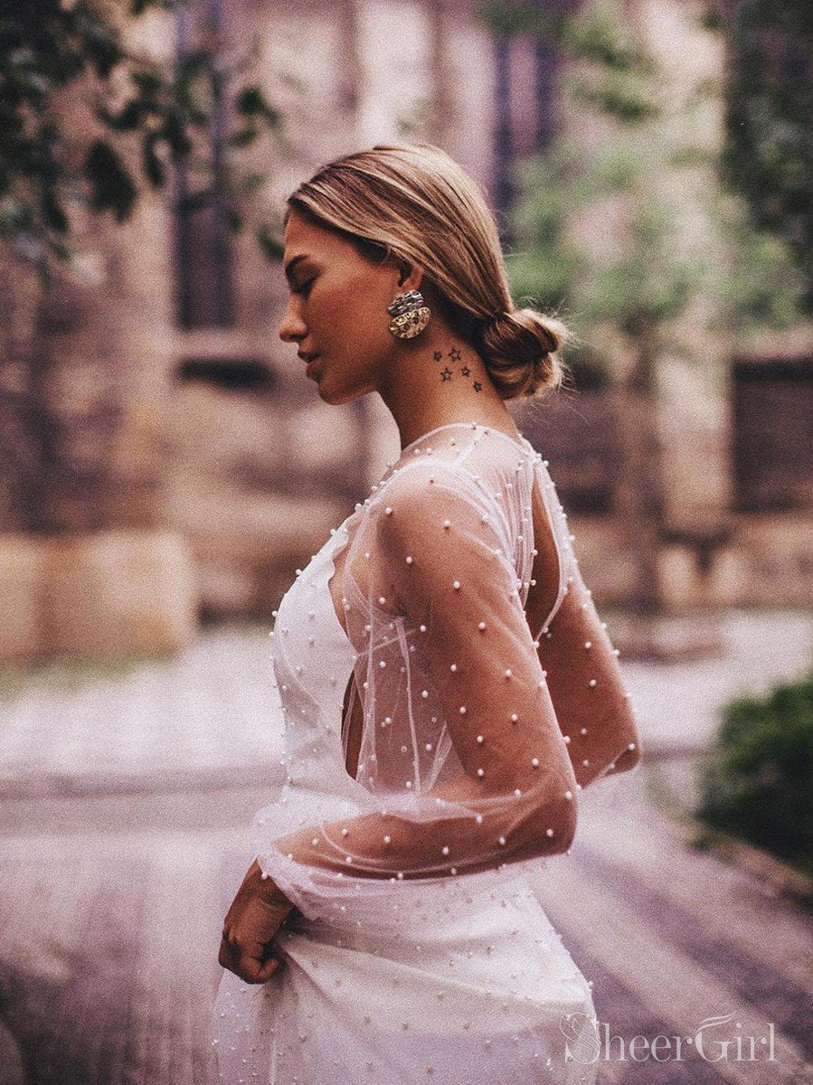 Sheer See Through Long Sleeve Wedding Dresses Pearl Tulle AWD1564 Sheer See Through Long Sleeve Wedding Dresses Pearl Tulle AWD1564