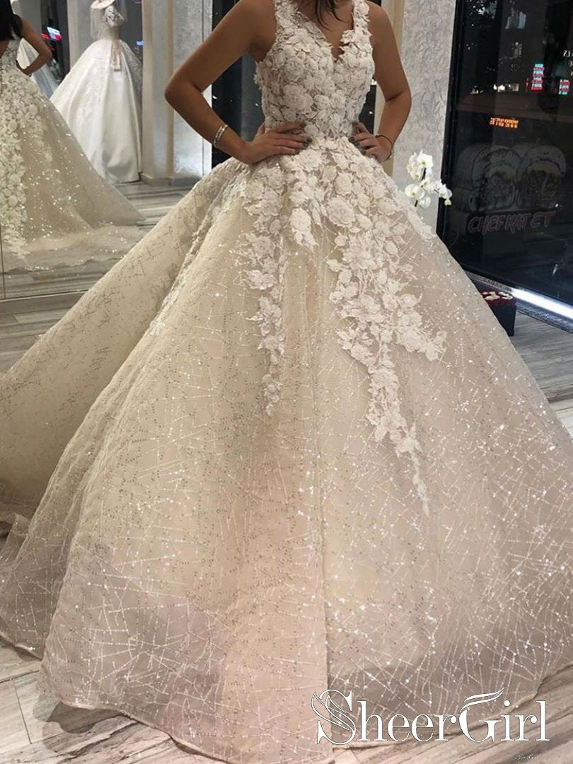 organza floral wedding dress Shimmer Ball Gown With V Neck and Sequins Decorated AWD1677 Size:48 / 18 FLORAL APPLIQUED STRAPLESS WEDDING this chapel Illusion Sleeves