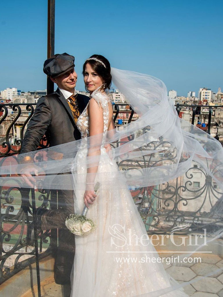 Shimmering A Line V Neckline Wedding Dress with Appliques & Feather Straps AWD1753-SheerGirl