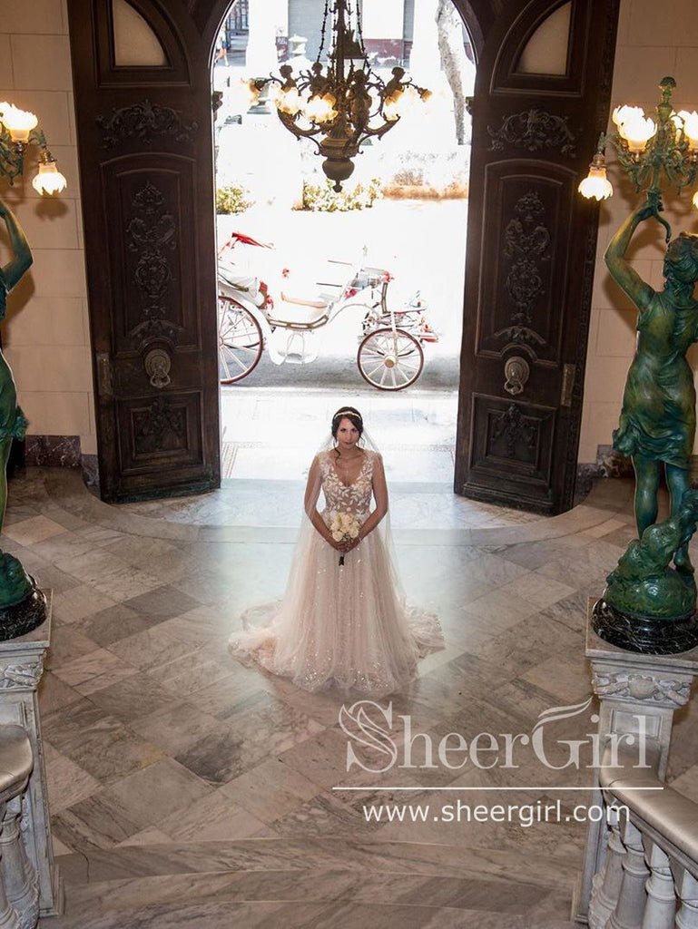 Shimmering A Line V Neckline Wedding Dress with Appliques & Feather Straps AWD1753-SheerGirl