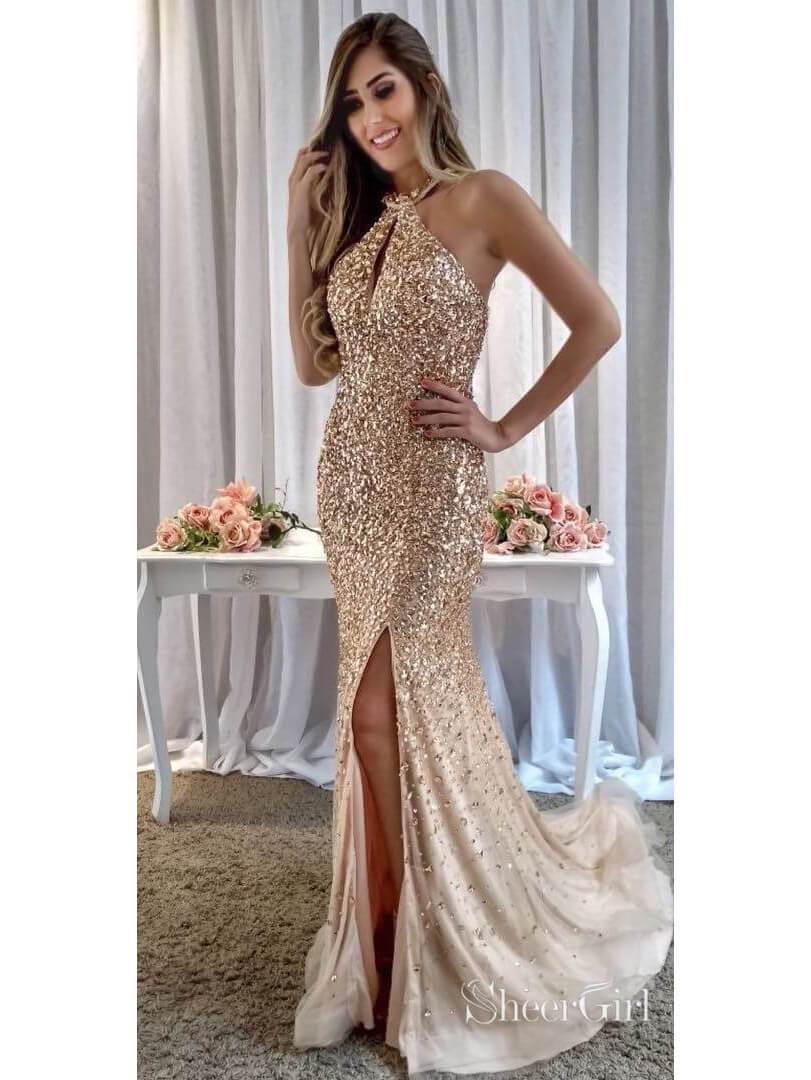 Shiny Rhinestone Pageant Dress Mermaid Prom Dresses with Slit ARD1975 –  SheerGirl