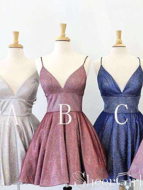 Shiny V-neck Homecoming Dresses Spaghetti Strap Short Prom Dress ARD2434-SheerGirl