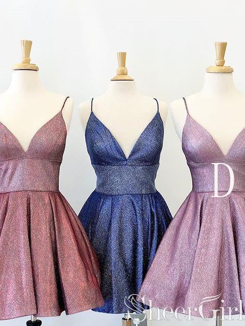 Shiny V-neck Homecoming Dresses Spaghetti Strap Short Prom Dress ARD2434-SheerGirl