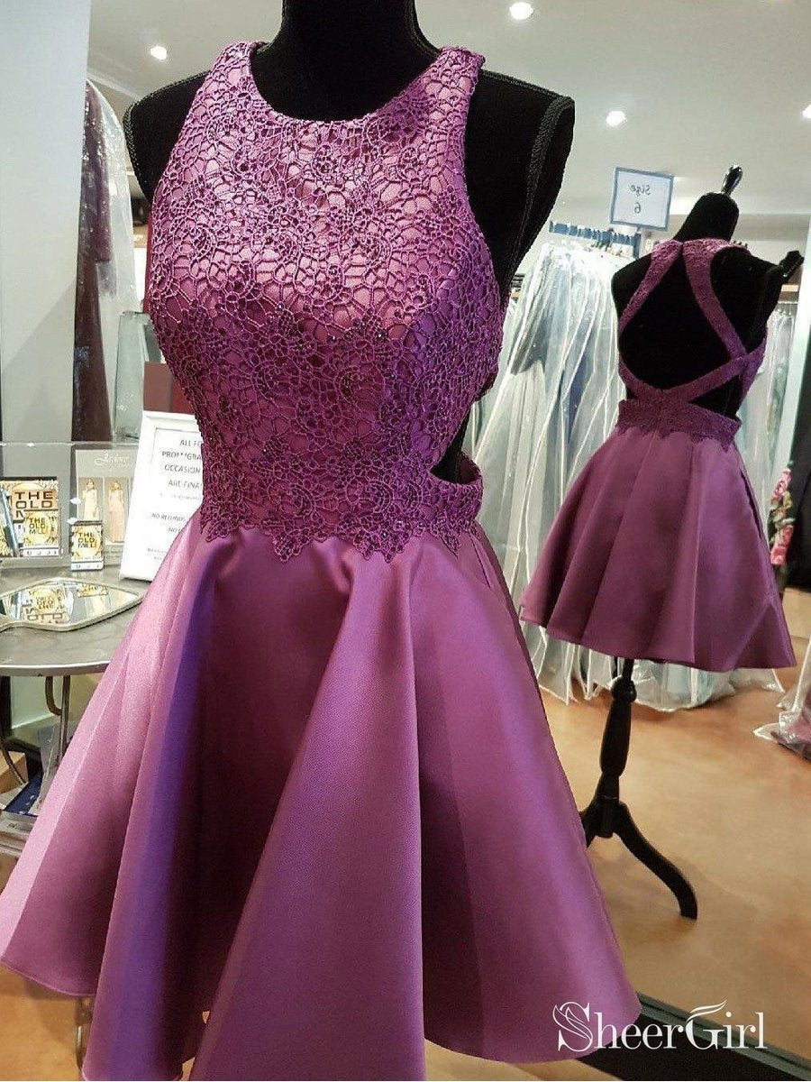 fitted lace wedding dress Zapaka Women Cute Glitter Lilac Homecoming Dress with Appliques A Line Sequins Short Lace Up Back Cocktail Party Dress, Lilac / US12 main image 1