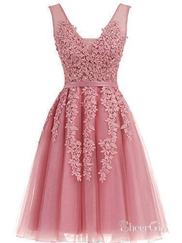Short Dusty Rose Homecoming Dresses Lace Appliqued Princess Hoco Dress ARD1411-SheerGirl