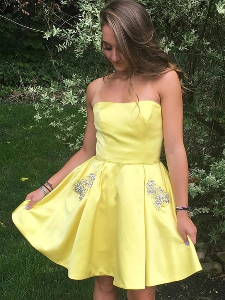 Formal Short Yellow Silk Dress Cute Yellow Mini Homecoming Dress,a Line Dress,spaghetti Strap Short Formal Short Yellow Silk Dress Cute Yellow Mini Homecoming Dress,a Line Dress,spaghetti Strap Short