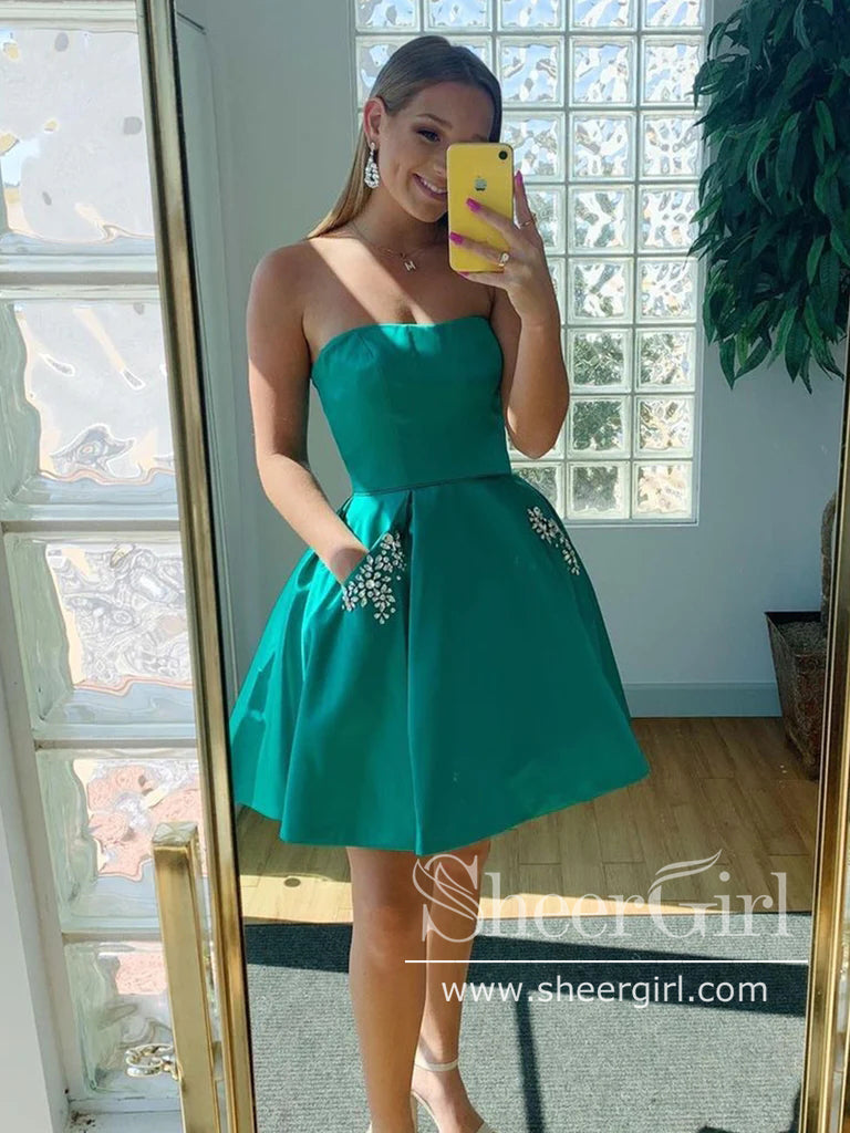 Short Prom Dress Sweetheart Neck Satin Homecoming Dress with Beaded Pockets ARD2752-SheerGirl