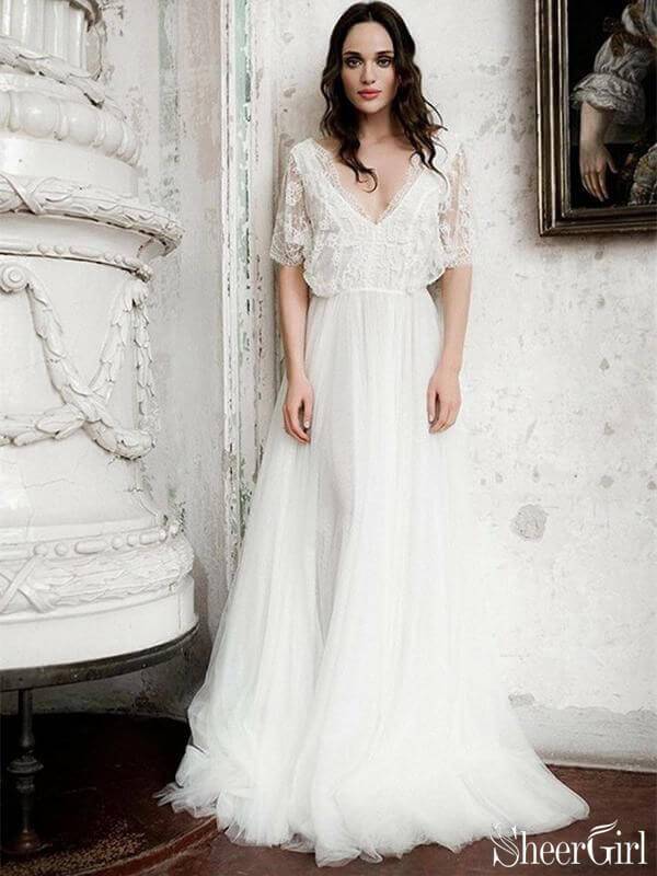 Short Sleeve Boho Wedding Dresses Ivory Lace & Chiffon Rustic Wedding Gown  AWD1359
