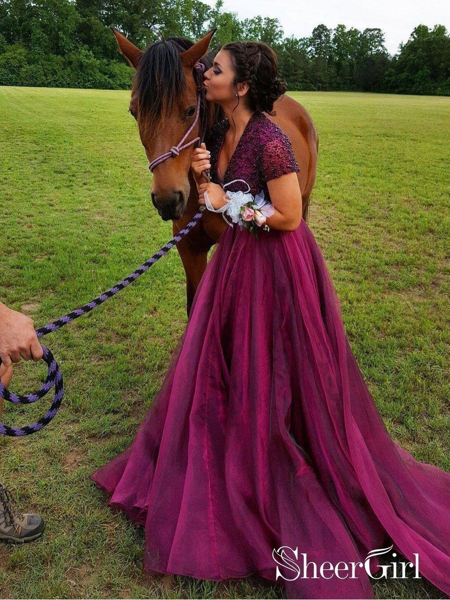 Short Sleeve Long Purple Prom Dresses Beaded V Neck Prom Dress APD3461 Short Sleeve Long Purple Prom Dresses Beaded V Neck Prom Dress APD3461