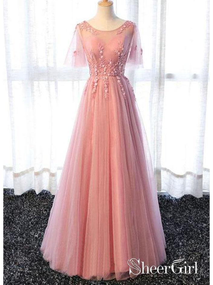 Short Sleeve Pink Flare Sleeve Prom Dresses Applique Backless Evening Ball Gowns ARD1048 Short Sleeve Pink Flare Sleeve Prom Dresses Applique Backless Evening Ball Gowns ARD1048