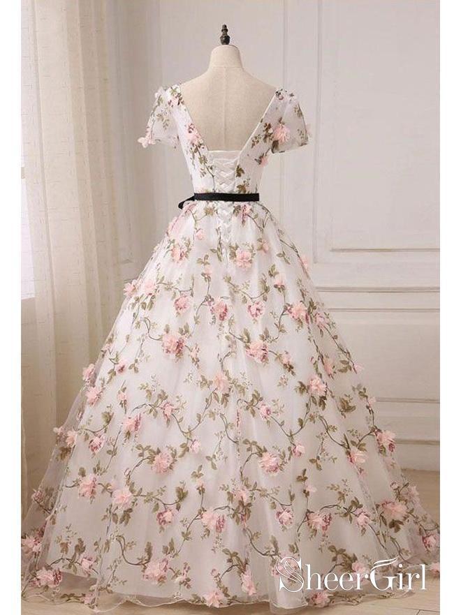 Short Sleeve V-Neck Floral Pink Appliqued Prom Dresses Evening Ball Gowns with Sash ARD1004-SheerGirl