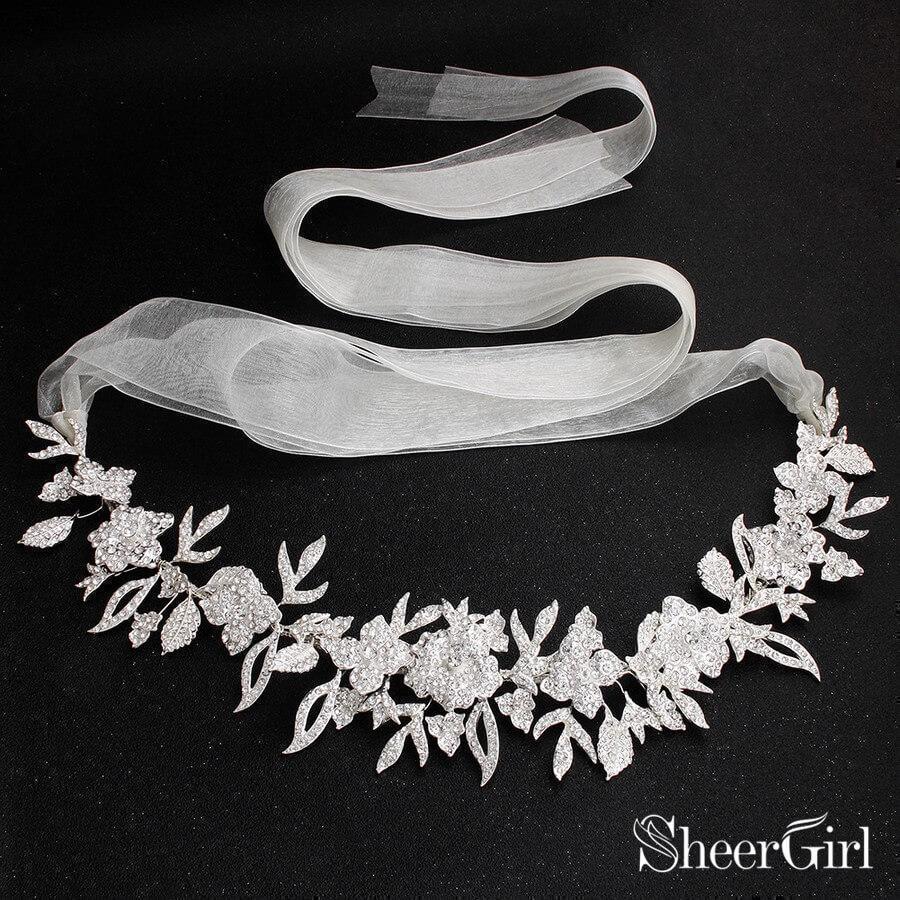 Silver Crystal Floral Bridal Sash with Ivory Ribbon ACC1144  display picture 2