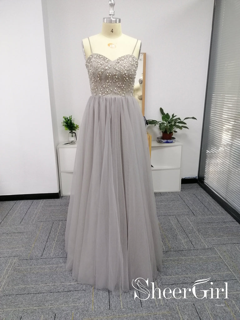 Silver Grey Sweet Heart Neckline Beaded Bodice Tulled Skirt Prom Dresses ARD2515-SheerGirl