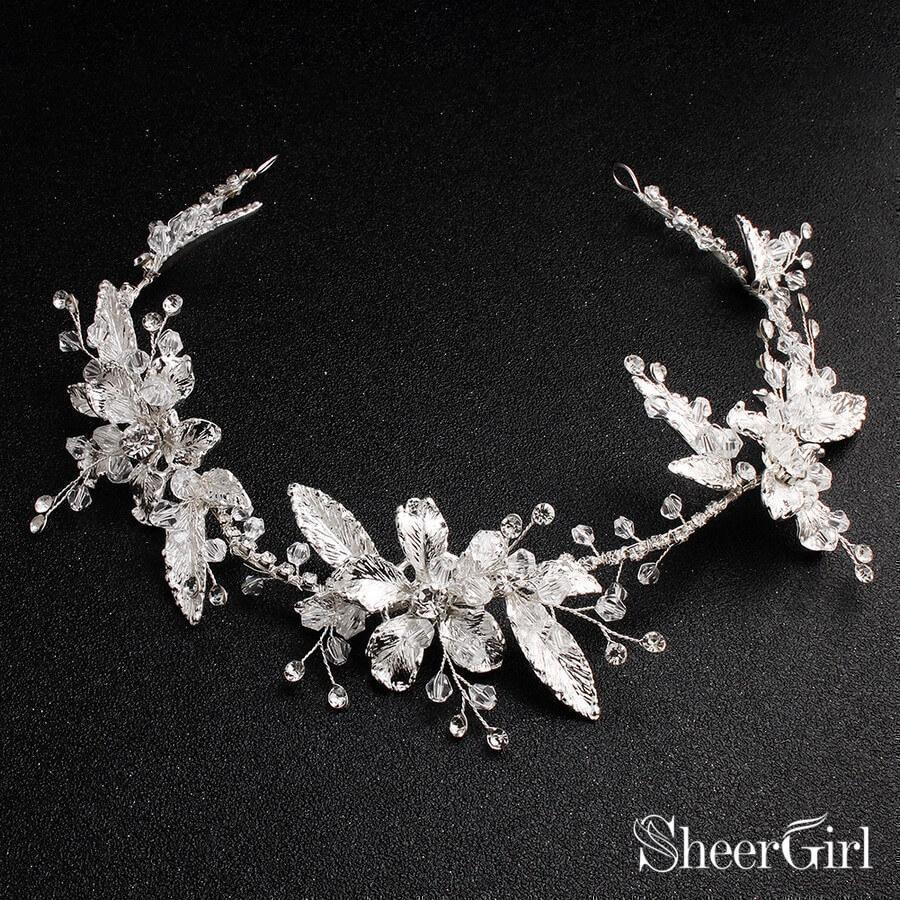 Silver Leaf Bridal Headband with Crystals ACC1162 – SheerGirl