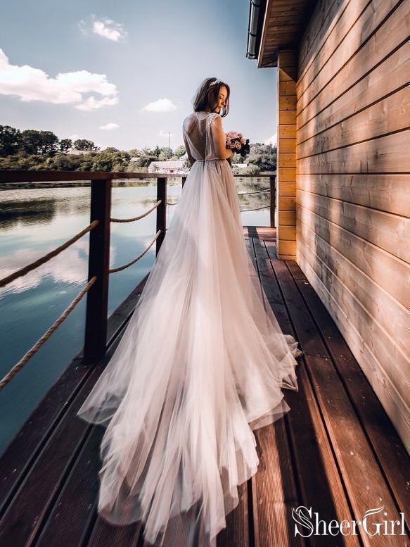 blue dress for baby girl Silver Long Tulle Boho Wedding Dresses Cap Sleeve Rustic Wedding Dress AWD1346