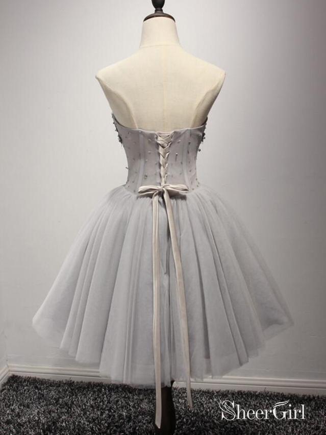 Silver Tulle Homecoming Dresses Strapless Beaded Short Prom Dress ARD1516-SheerGirl