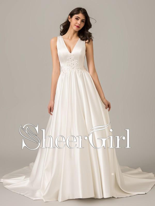 Simple A Line Beaded Wedding Dresses V Neck Cream White Satin Bridal Gowns AWD1006 Simple A Line Beaded Wedding Dresses V Neck Cream White Satin Bridal Gowns AWD1006