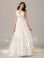 Vestidos de novia con cuentas simples de una línea, vestidos de novia de satén blanco crema con cuello en V AWD1006