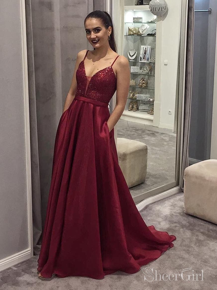blue dress for baby girl Simple Burgundy Long Prom Dresses with Pockets and Sequin Bodice ARD2067