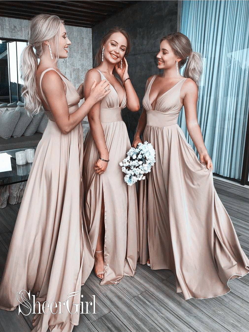 Simple Cheap Long Bridesmaid Dresses with Slit V Neck Formal Dress PB1 –  SheerGirl