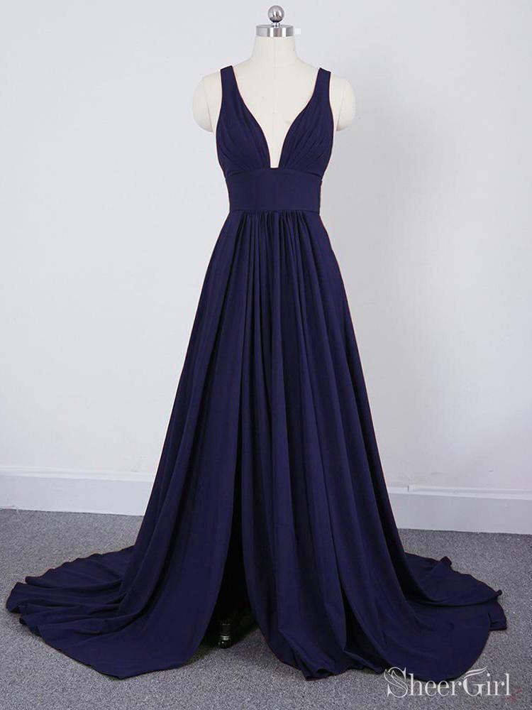 Simple Cheap Long Bridesmaid Dresses with Slit V Neck Formal Dress PB1 –  SheerGirl