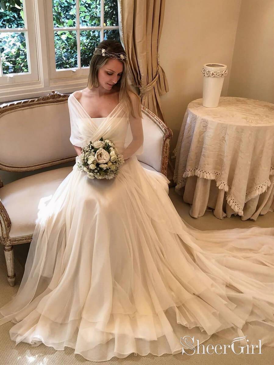 Simple Elegant Chiffon Beach Wedding Dresses with Wrap Sleeve AWD1453 Simple Elegant Chiffon Beach Wedding Dresses with Wrap Sleeve AWD1453