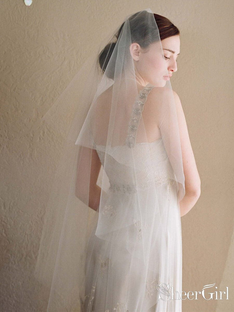 Simple Ivory Tulle Drop Veil Crystal Comb Wedding Veils ACC1054-SheerGirl