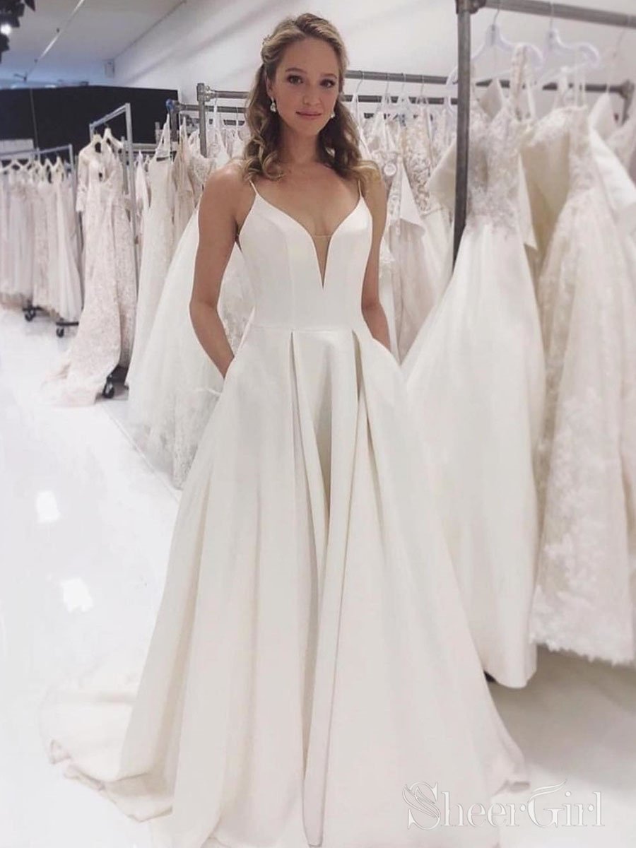 Simple Ivory Wedding Dress Spaghetti Strap Bridal Dress With Pockets ARD2122 Simple Ivory Wedding Dress Spaghetti Strap Bridal Dress With Pockets ARD2122