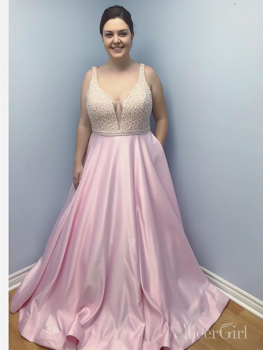 Simple Pink Long Prom Dresses with Pockets Beaded Plus Size Prom Dress  ARD2056