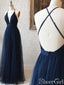 Vestidos de dama de honor prusianos sencillos con cuello en V, vestido de noche de tul sin espalda ARD2398