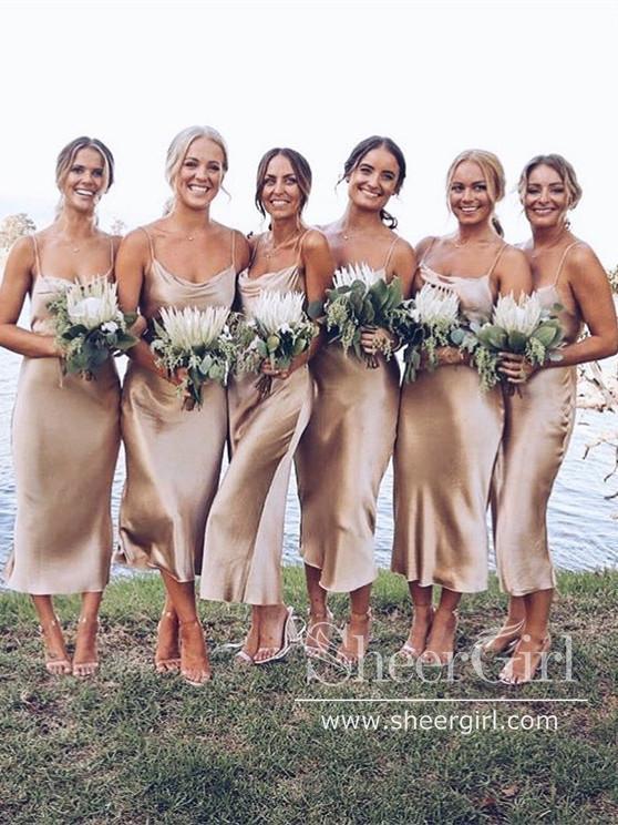 Simple Satin Sheath Tea Length Bridesmaid Dresses Spaghetti Straps Short Gowns ARD2622 Simple Satin Sheath Tea Length Bridesmaid Dresses Spaghetti Straps Short Gowns ARD2622